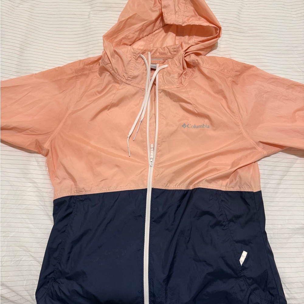Columbia Medium Coral and Navy Hooded Windbreaker
